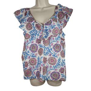 J Crew Re-Imagined Blue PInk Floral Ruffle V-neck Top Women Size S AN768 NEW